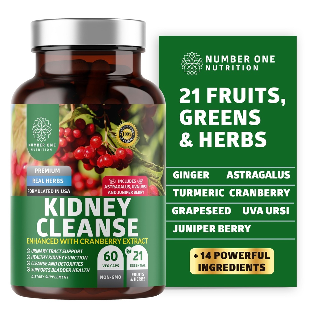 N1N Premium Kidney Cleanse [21 Potent Herbs] for Urinary Tract &amp; Bladder Control, Natural Kidney Support with Cranberry Extract, Astragalus and Uva Ursi Leaf, 60 Veg Caps
