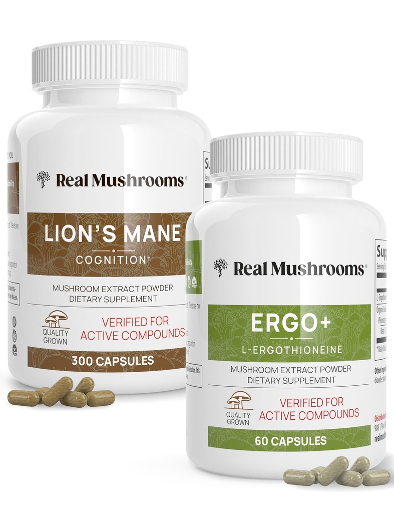 Real Mushrooms Ergothioneine (60ct) y Lions Mane (300ct) Bundle con Shiitake y Oyster Mushroom Extractos - Longevidad y Cognición - Vegan, Gluten Free, Non-GMO - Apoyo natural para el envejecimiento saludable