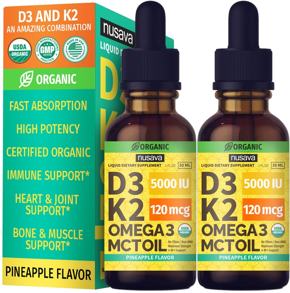 (2 Pack) Vitamina Orgánica D3 K2 gotas con aceite MCT Omega 3, Maximum Strength Vitamin D Liquid 5000 UI, No Fillers, Líquido no GMO D3 para la absorción más rápida y soporte inmunológico (Pineapple, 2 Fl Oz)