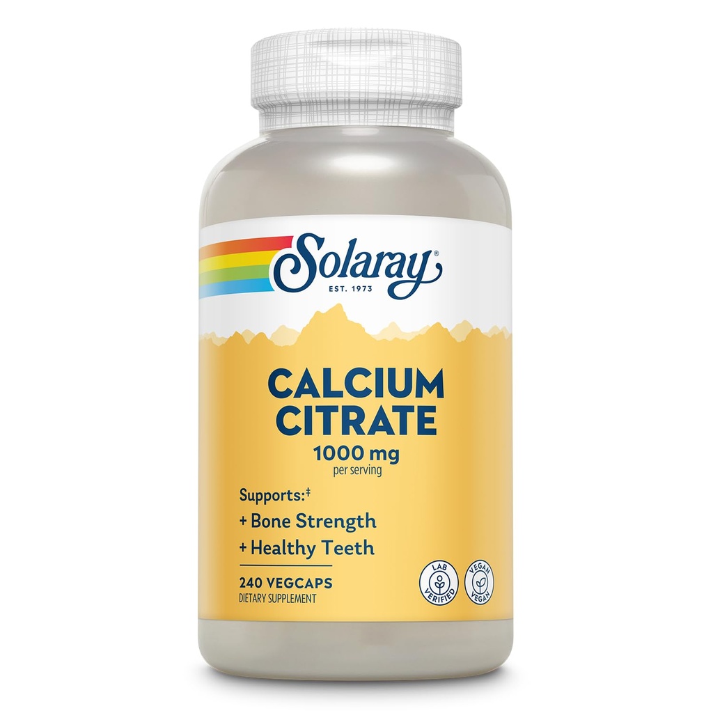Solaray Calcium Citrate 1000mg - Suplemento de calcio Chelated - Soportes Bone Strength and Healthy Teeth - Fácil de digerir - Garantía de 60 días, Vegan - 60 Servings, 240 VegCaps