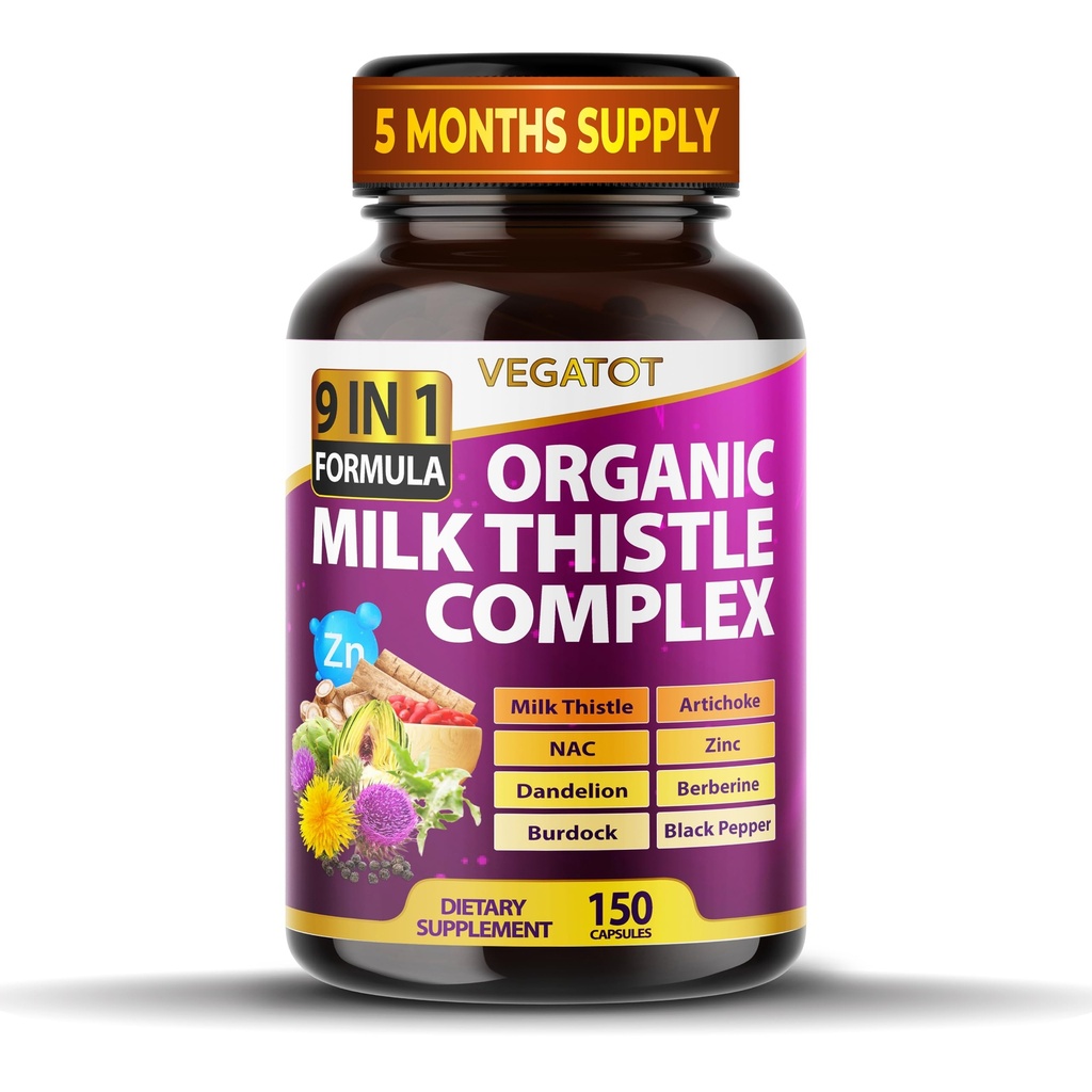 VEGATOT Organic Milk Thistle Complex 9 in 1 Formula - with Milk Thistle Artichoke NAC Zinc Dandelion Berberine Burdock Black Pepper (150 Conde (Pack of 1))