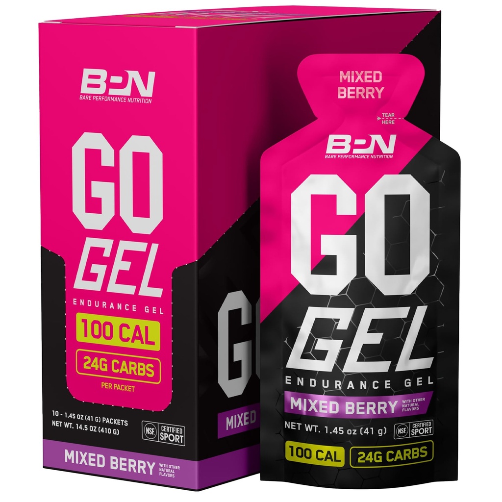 BARE PERFORMANCE NUTRITION, BPN Go Gel Endurance, 24g of Carbohydrates &amp; 100 Calories per Pack, Vegan + Gluten Free Running Gel, 10 Single-Serving Packs, Mixed Berry