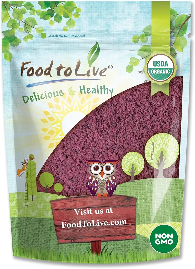 Alimentos para Vivir Orgánica Polvo de Jugos Negros, 1 Libra No GMO, Hecho de bayas secas crudas, sin acondicionar, Vegan, Bulk, Grande para Hornear, Smoothies, Yogures, No Sulphites, Contiene Maltodextrin