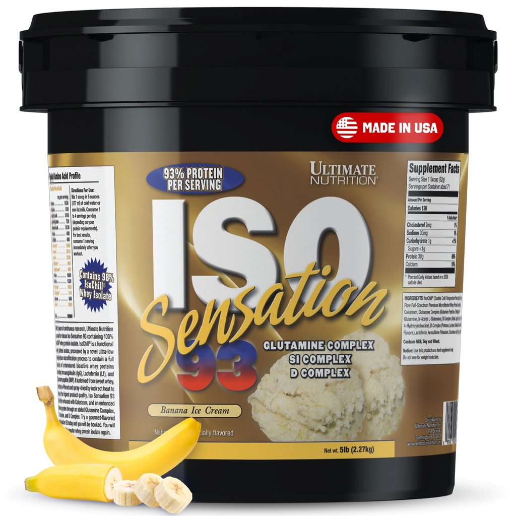 Ultimate Nutrition Whey Protein Isolate Powder with Glutamine Complex, ISO Sensation 93 - Whey Protein Powder with Añadido Colostrum for Enhanced Recovery, Immunity & Gut Health - Banana, 5lbs