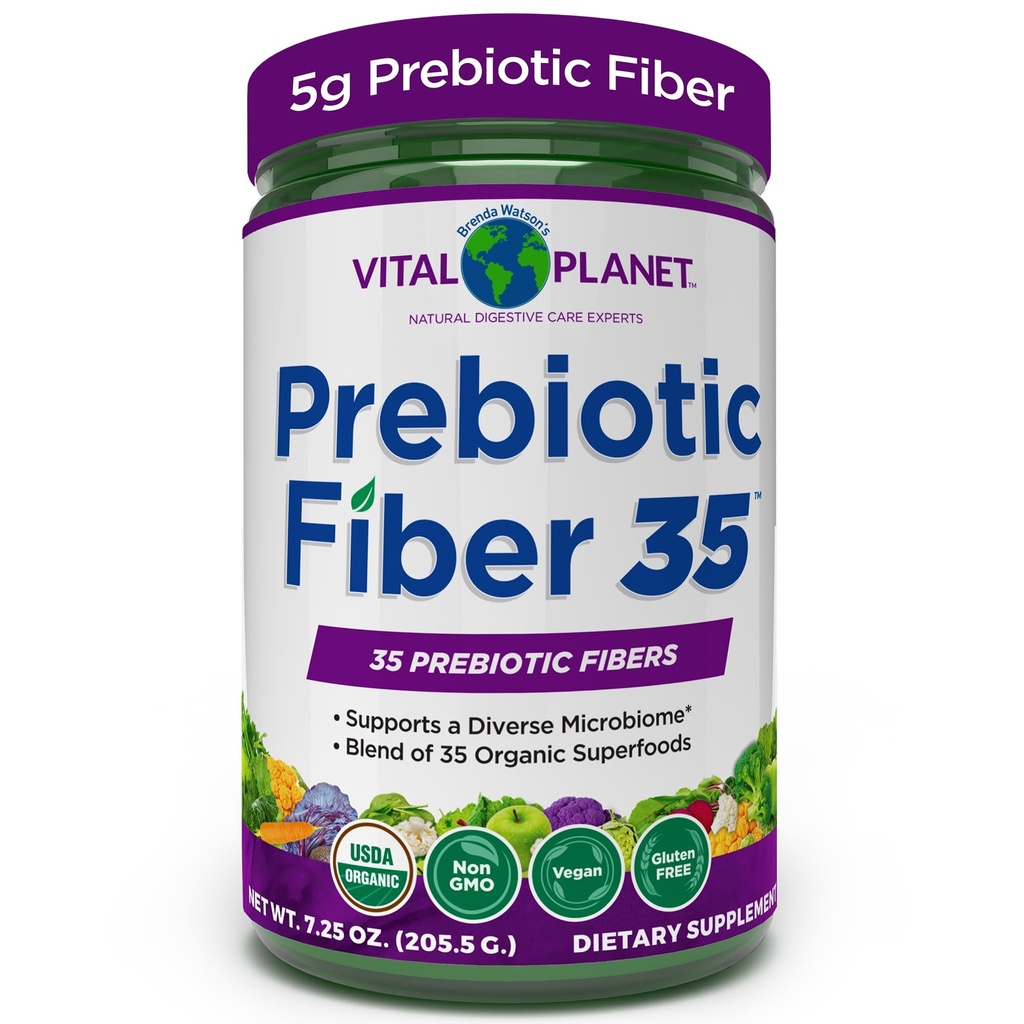 Planeta Vital - Fiber 35 Powder Suplemento de fibra diversa para el apoyo dietético y el estreñimiento ocasional con 35 fibras prebióticas y 35 superalimentos orgánicos para mantener la regularidad del intestino, 6.77 oz
