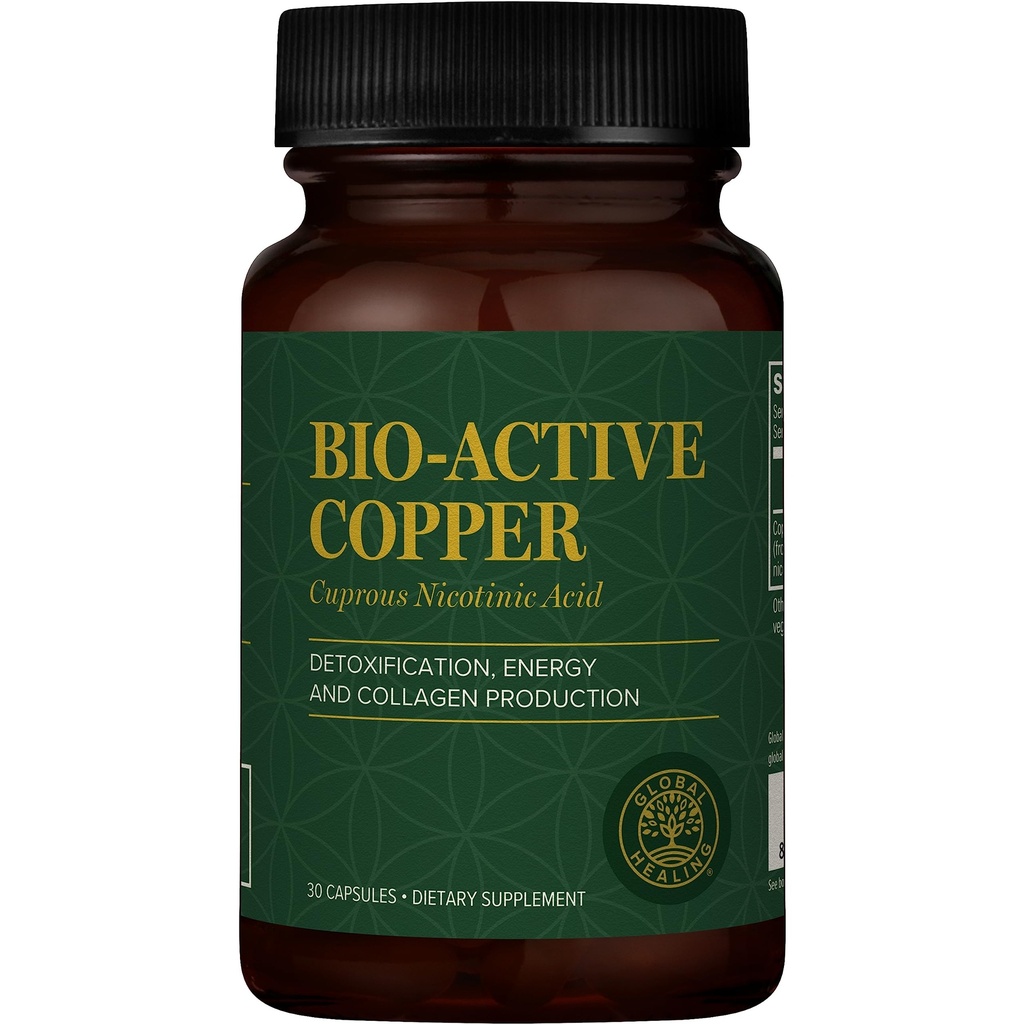 Global Healing Bio-Active Copper Supplement Cu1 - Cuprous Nicotinic Acid Helps Detox Body from Within - Supports Immune System &amp; Red Blood Cell - Niacin Vitamina B3 Chelated Copper - 30 cápsulas