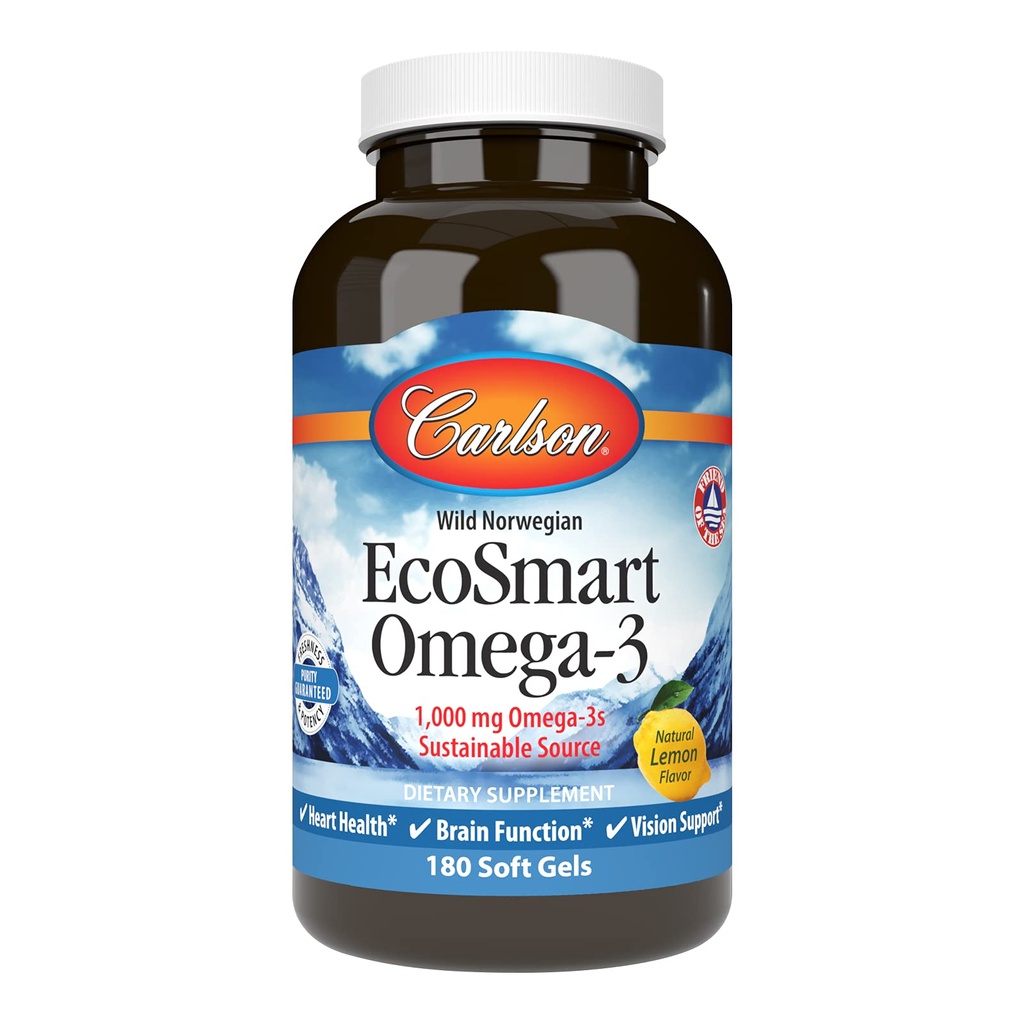 Carlson - EcoSmart Omega-3, 1000 mg Omega-3, Fuente Sostenible, Salud del Corazón, Función del cerebro &amp; Visión Apoyo, Lemon, 180 Softgels