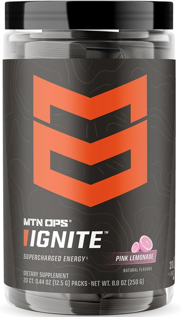 MTN OPS Ignite Trail Packs Energy Drink Powder, Gluten Free Nootropic Supplement Drink Mix, L Arginine, L Citrulline, Caffeine &amp; Nootropic Sugar Free Drink Mix, 20 Servings, Pink Lemonade