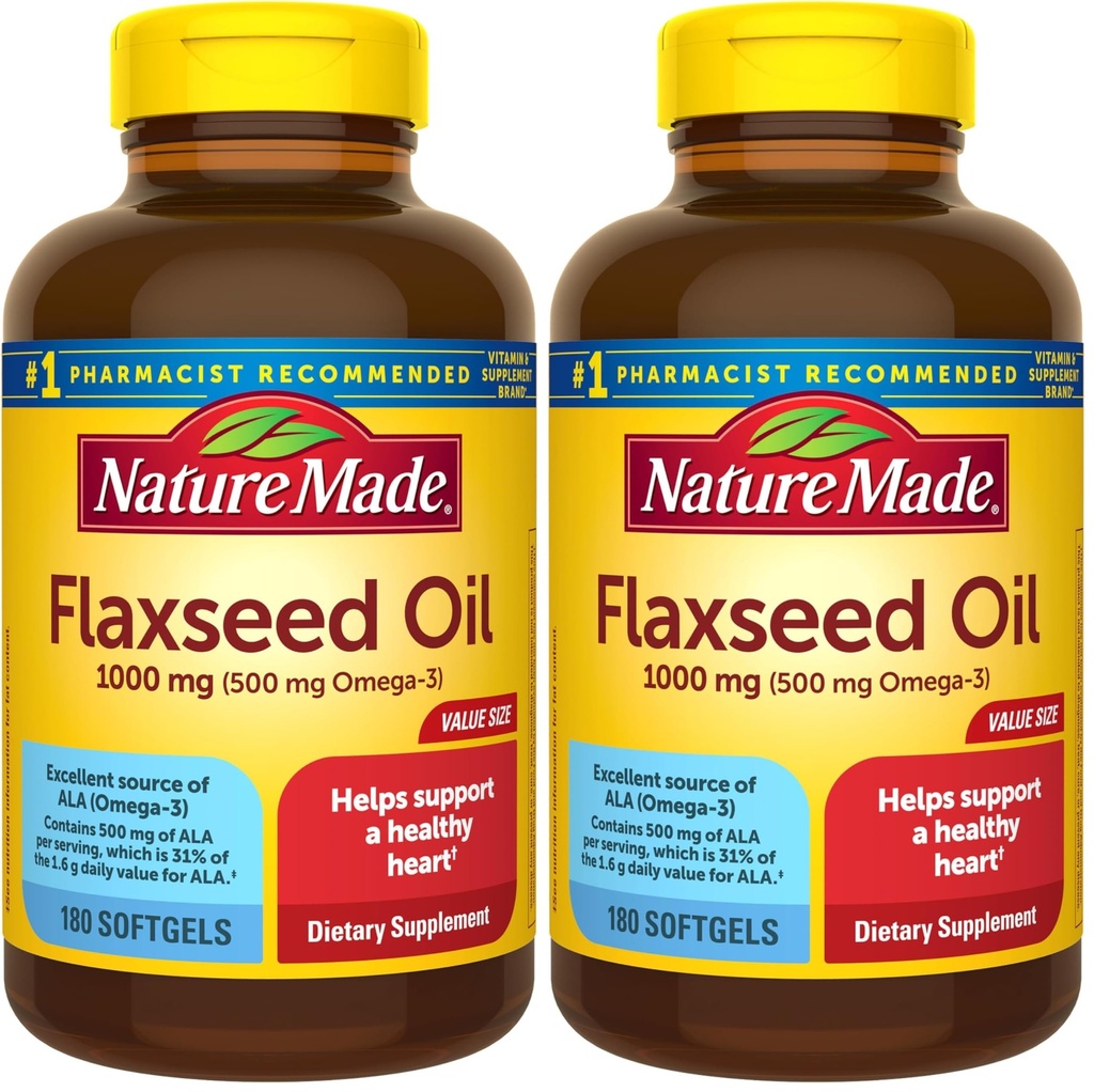 Nature Made Flaxseed Oil 1000 mg, Fish Free Omega 3 Supplement, Dietary Supplement for Heart Health Support, 180 Softgels, 180 Day Supply (Pack of 2)
