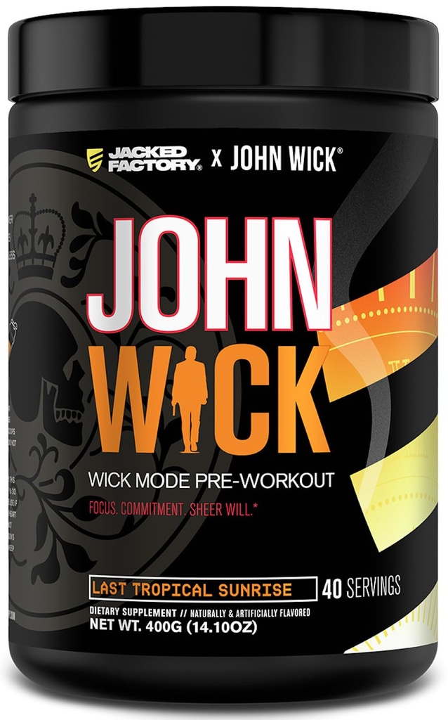 Jacked Factory X John Wick - Wick Mode Pre Workout Powder - Energía intensa, Battle-Ready Focus, Compromiso imparable, y Sheer Will - 40 Servings, Last Tropical Sunrise