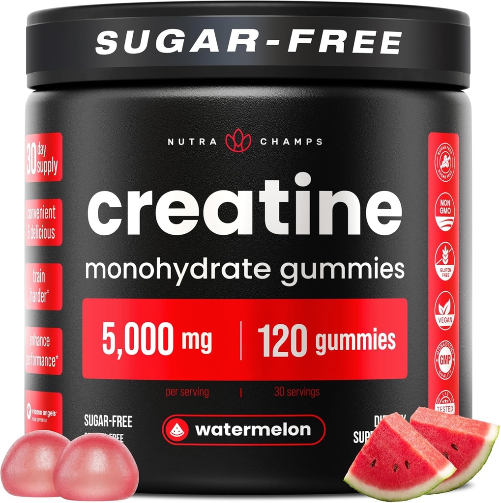 NutraChamps 120 Critina Gummies for Men &amp; Women - 5g Azúcar Monohydrate Gummies de Monohydrate - Soporta Síntesis de proteínas, recuperación muscular y rendimiento de entrenamiento