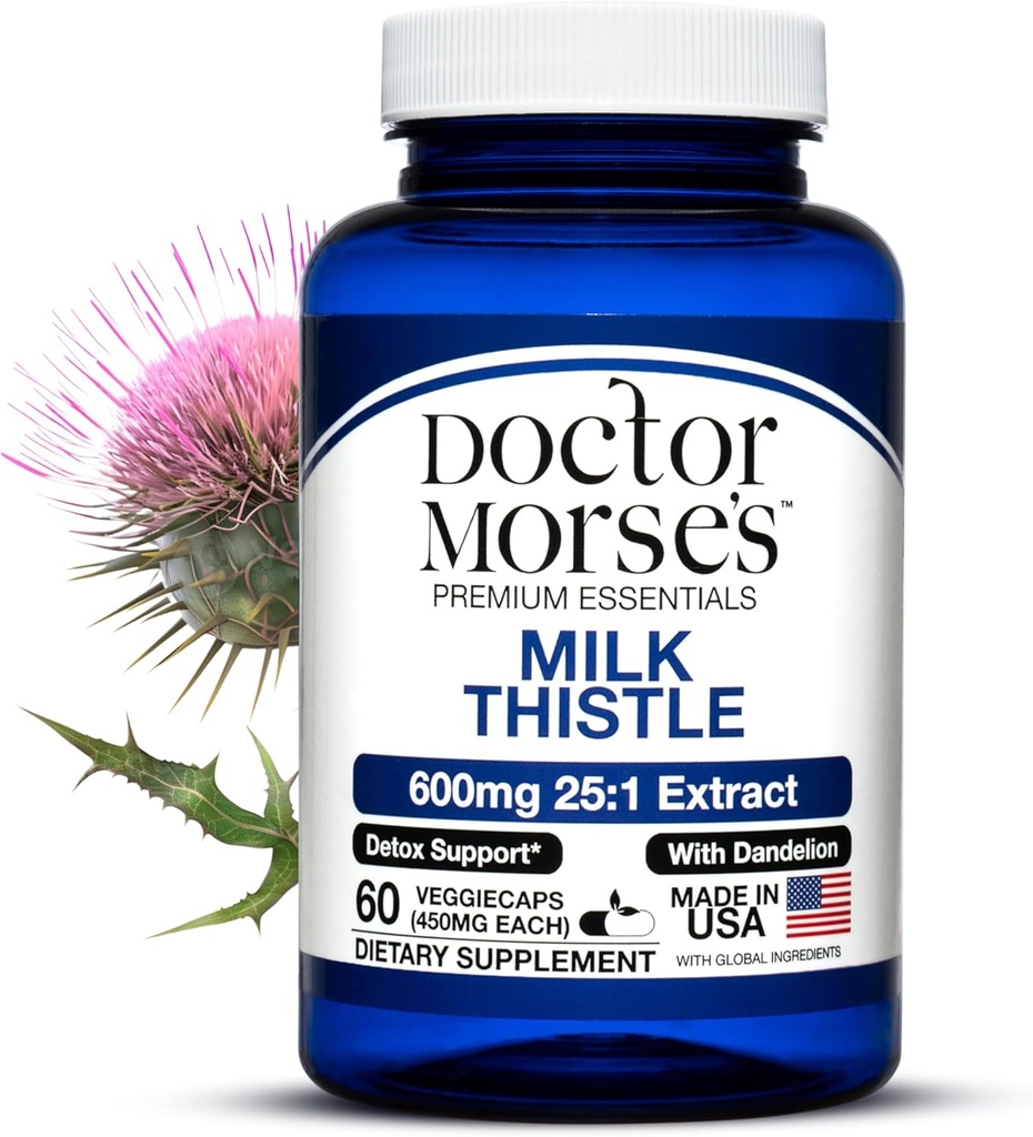 Doctor Morse Milk Thistle Suplemento 25:1 Extracto 600mg Equivalente a 15000mg, Liver Detox Support 4:1 Extracto 300mg Equivalente a 1200mg Dandelion Root - FDA Certified Ultra Potent Formula - 60 Caps