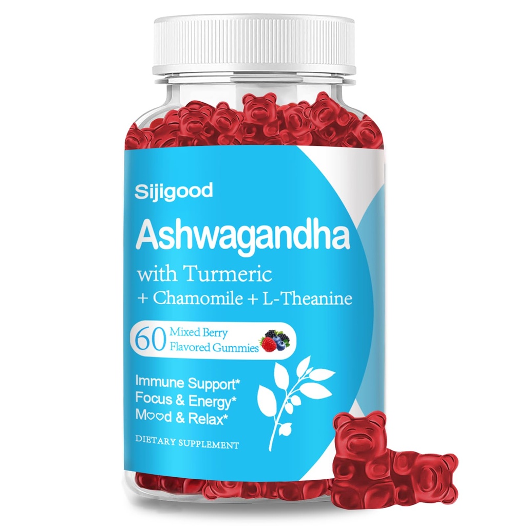 Ashwagandha Gummies con L-theanine, Ashwa Root Suplemento Gummy para Mujeres Hombres, 60 Gummies mixtas de Berry Flavored