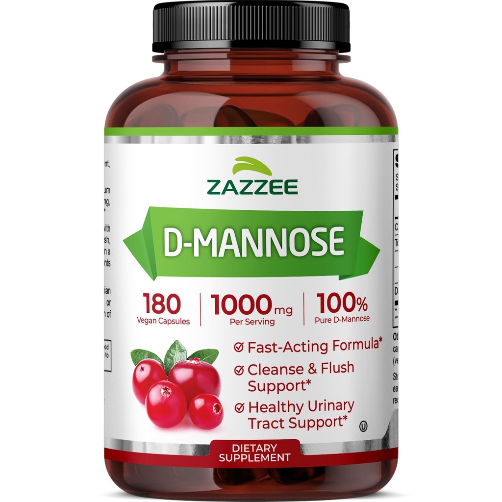 Zazzee D-Mannose, 1000 mg por Serving, 180 cápsulas veganos, 3 meses de suministro, Potente " Actuación rápida, Kosher certificado, 100% Puro, Todo-Natural Urinary Tract Health Support, 100% Vegetariano, No GMO