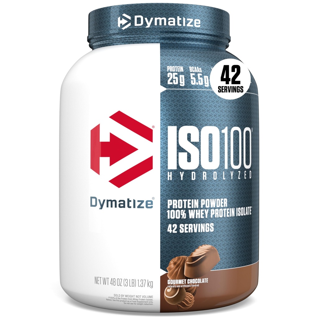 Dymatize ISO100 Hidrolyzed Protein Powder, 100% Whey Isolate Protein, 25g de Protein, 5.5g BCAAs, Gluten Free, Fast Absorbing, Easy Digesting, Gourmet Chocolate, 3 libras (42 servidos)