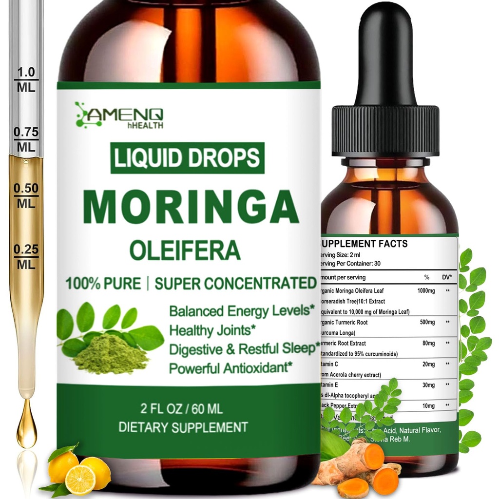 Pure Moringa Oleifera Liquid Drops, Orgánica Moringa Leaf Extract w. Turmeric, Black Pepper, Moringa Supplement for Energy Metabolism Immune Skin Joint & Gut, 6X Stronger Than Moringa Capsules Powder