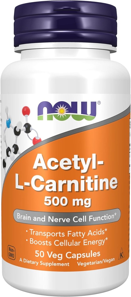 AHORA Suplementos de alimentos, Carnitina Acetyl-L 500 mg, Aminoácidos, Cerebro y Función Celular Nerve*, 50 cápsulas de Veg
