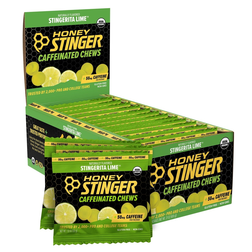 Honey Stingerita Lime Caffeinated Energy Chew, Gluten Free, con cafeína, para el ejercicio, funcionamiento y rendimiento, Sports Nutrition for Home &amp; Gym, Pre and Mid Workout, 12 Pack