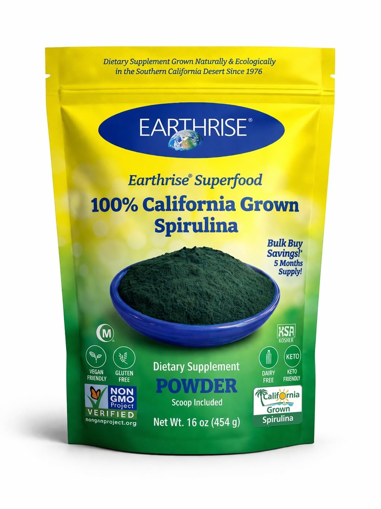 Earthrise Spirulina Natural Powder 16oz, Natural Premium Spirulina de California- Vegan, Gluten Free, Keto Friendly, Non -GMO Super Food high in Vitamins & Minerals. (1 LB)