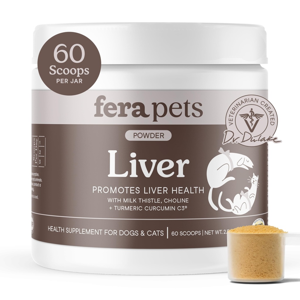 Fera Pets Liver Supplement for Dogs & Cats with Milk Thistle, Choline & Turmeric - Organic Botanicals - Enhances Liver Function, Immunity, Detoxification, " Metabolic Function - Powder - 60 Scoops