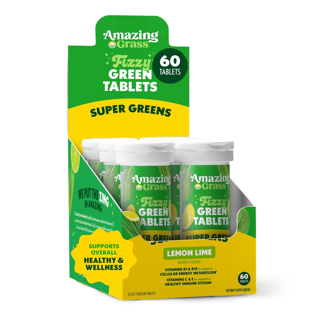Increíble Grass Tablas efervescentes: Green Superfood Water Flavoring Tablet with Antioxidants & Alkalizing Greens, Lemon Lime, 60 Count