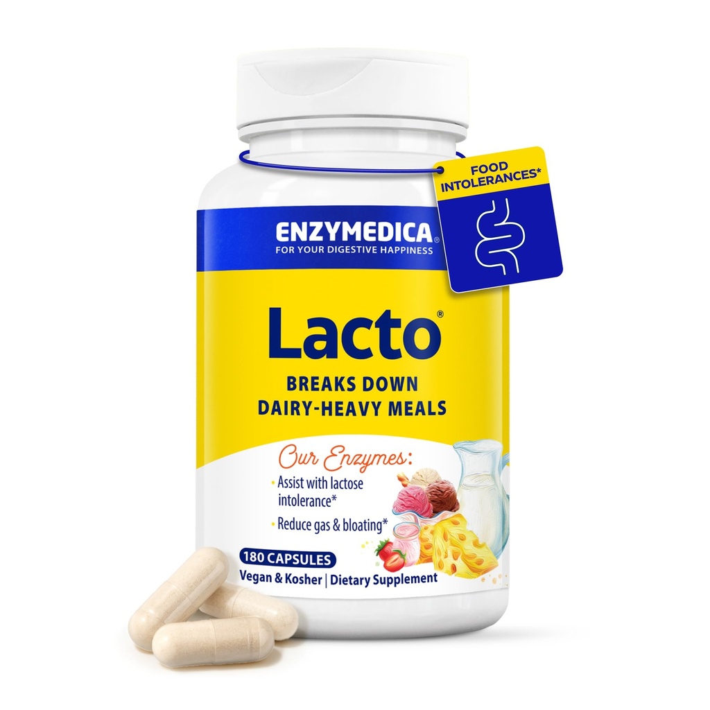 Enzymedica Lacto, Píldoras avanzadas de lactancia para el soporte lácteo, ayuda a romper la lactosa, Casein &amp; Fat, píldoras de alivio lácteo, Vegan, 180 cápsulas