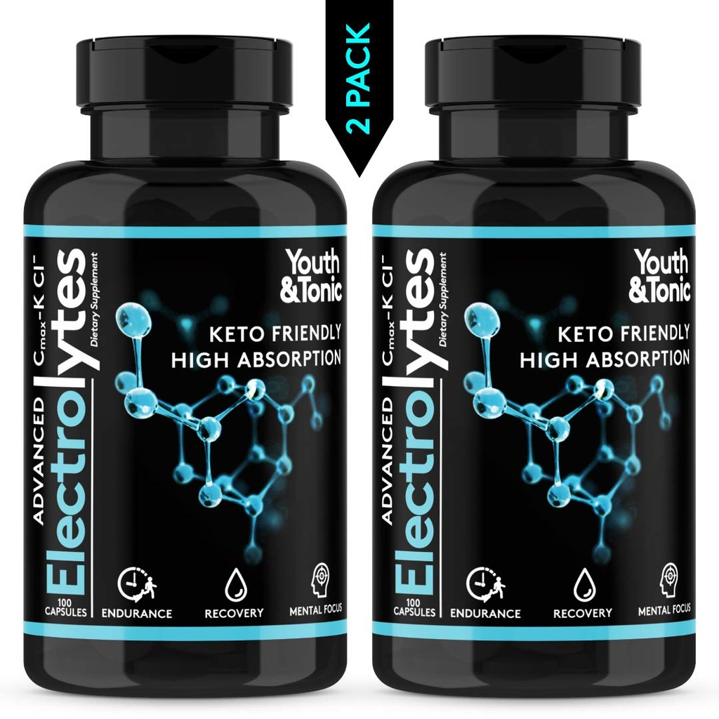 Suplemento de electrolito completo w Alta biodisponibilidad y Cmax Chloride Potassium Magnesium para la resistencia Muscle Recovery Mental Focus. Rehidratación rápida Salts y Keto Friendly Pills con 200 caps
