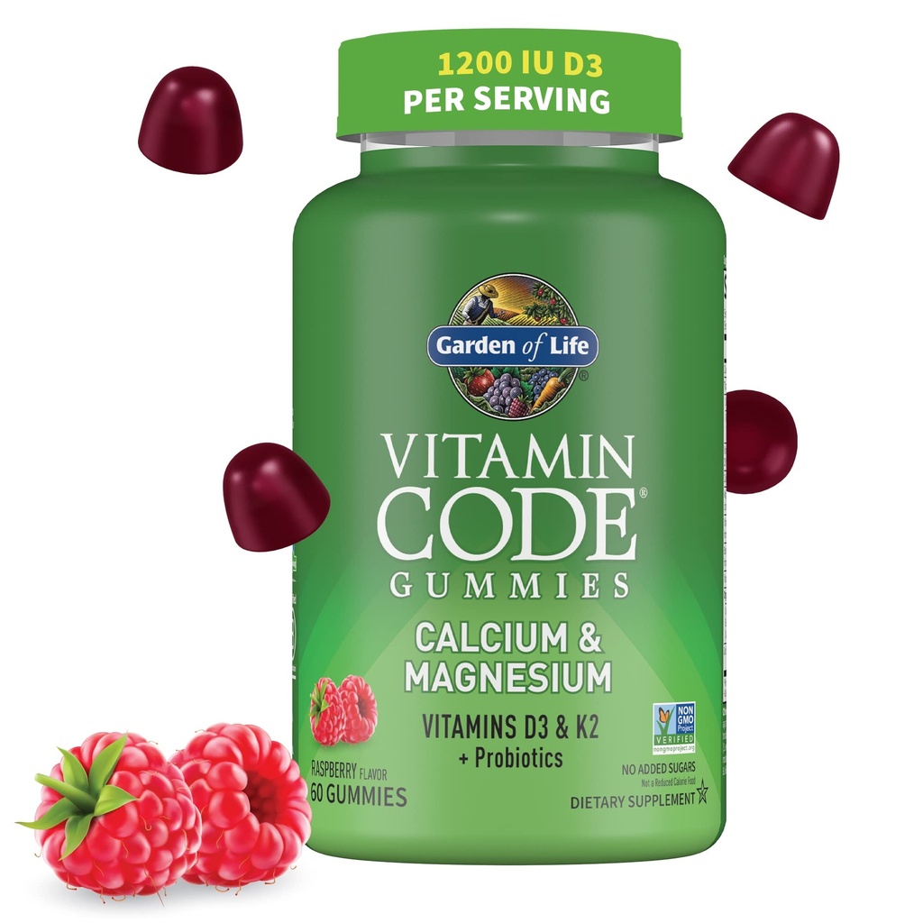 Garden of Life Código de vitaminas Gummies de magnesio de calcio con D3 " K2, soporta la salud ósea " fuerza ósea + prebióticos " Probióticos para soporte digestivo, no GMO, libre de gluten, 60 gomas de arándano