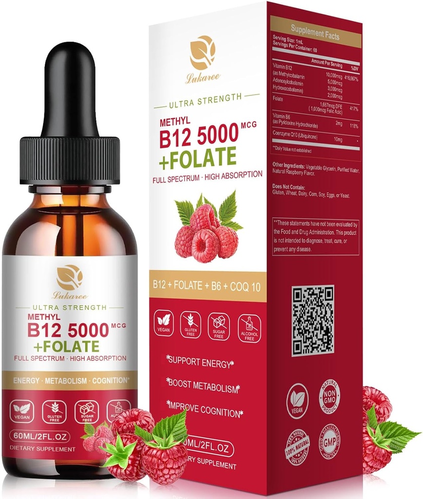 Lukaree Vitamina B12 Sublingual Drops Vegan B12 Vitaminas Liquid-Full Spectrum-Methylcobalamin, Adenosyl & Hydroxy B12, for Energy, Focus, Mood & Immune Support- 2 Month Supply, 2 fl oz