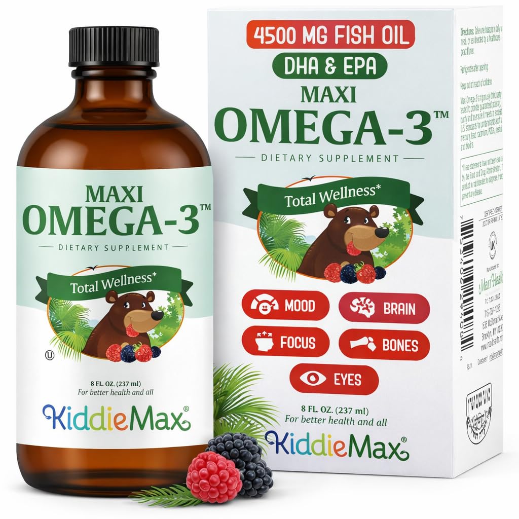 Maxi Health Omega 3 for Kids Supplement – Kosher Omega 3 Kids Fish Oil Liquid with DHA &amp; EPA – Liquid Fish Oil Supplement with Fruity Burst Flavor to Support Mood, Brain, Focus, Bones & Eyes (8 oz)