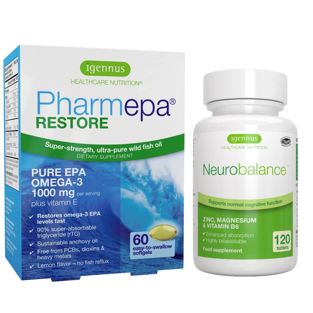Igennus Pharmepa Restore EPA + Neurobalance Zinc, Magnesium & Vitamina B6 Mood Health Bundle for Atención " Focus