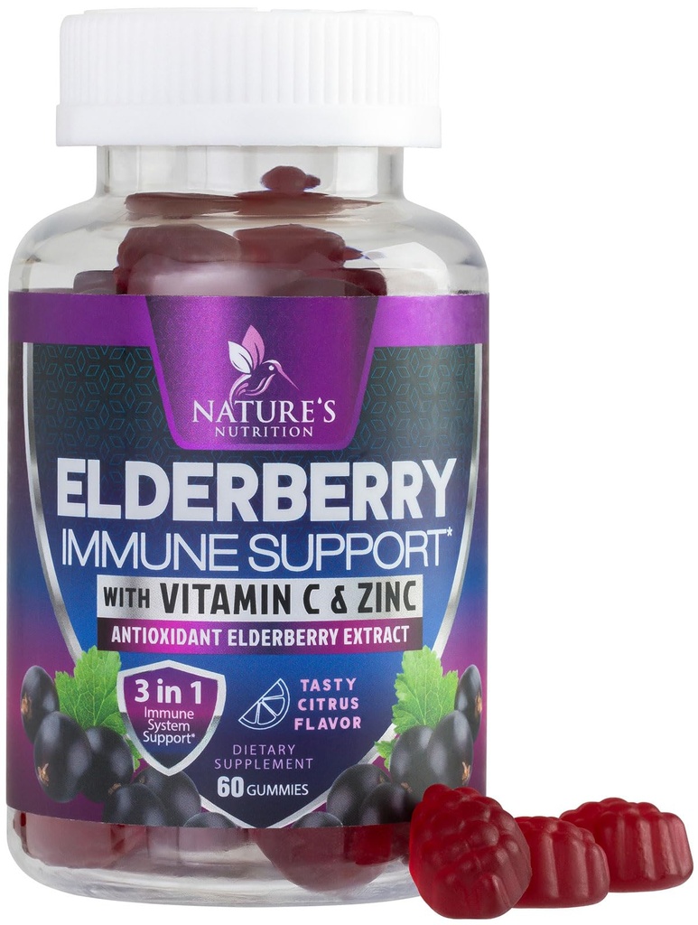 Immune Support Gummies - Sambucus Elderberry Gummy with Elder Berry Extract, Zinc &amp; Vitamin C, Natural Vegan Immune Support Supplement for Adults &amp; Children, Gummy Elderberry Vitamins - 60 Gummies