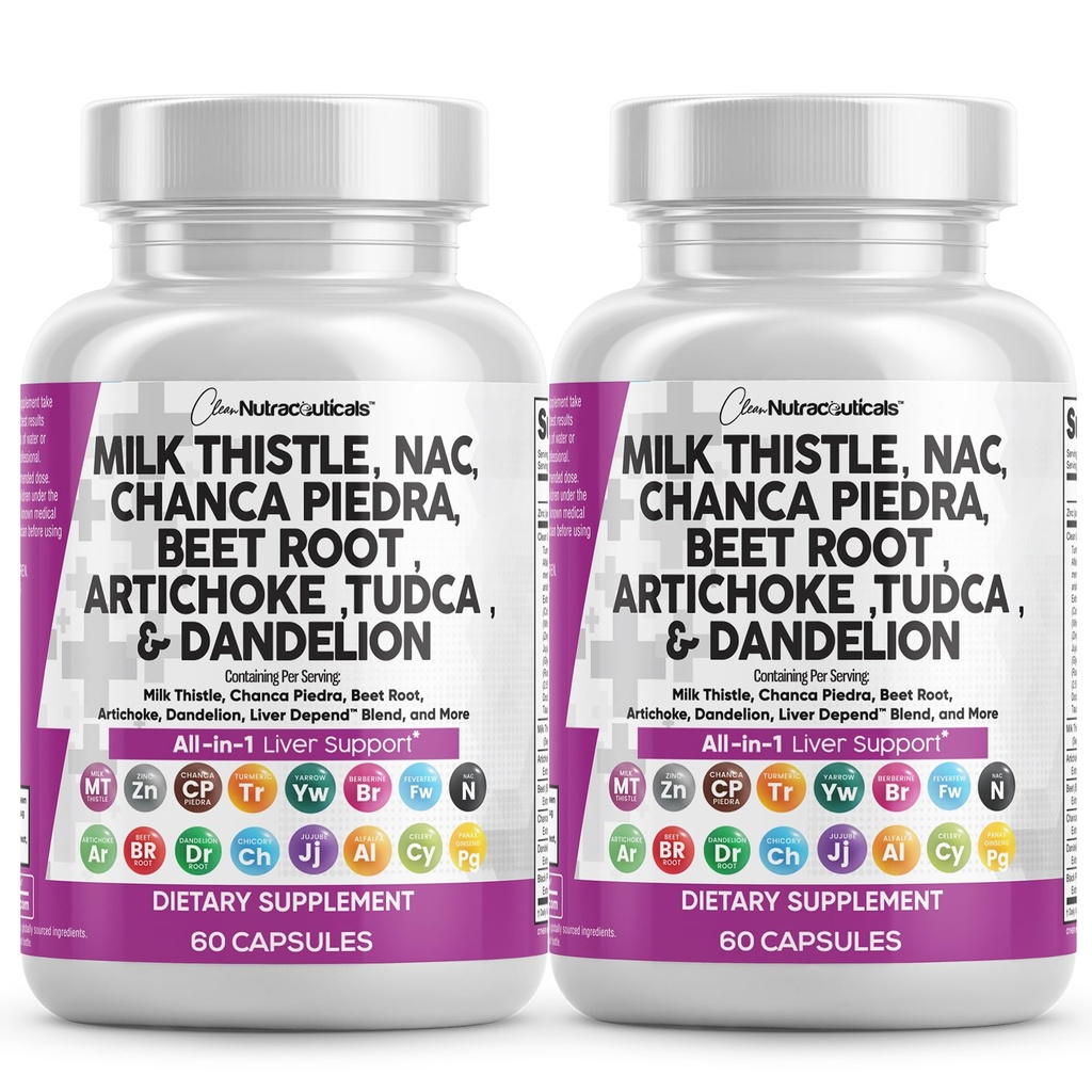 Clean Nutraceuticals Milk Thistle NAC Chanca Piedra Beet Root Artichoke Dandelion Root - Liver Cleanse Supplement Plus TUDCA Choline &amp; Ginger - 2Pack