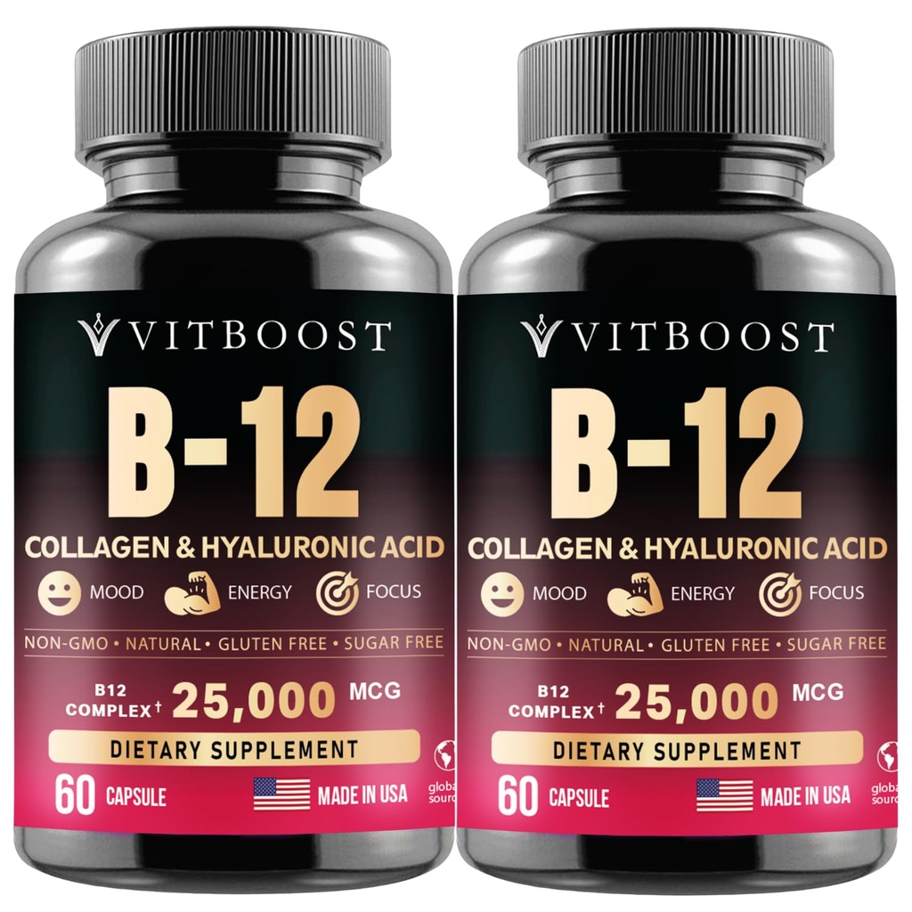 B12 Metilcobalamina con ácido hialurónico, colágeno y folato – 25000 mcg Suplemento Mejorar la absorción " Boost Energy " soporta Gluten-Free, Made in USA, B1, B2, B3, B6, B7 Complex - Pack of 2