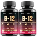 B12 Metilcobalamina con ácido hialurónico, colágeno y folato – 25000 mcg Suplemento Mejorar la absorción " Boost Energy " soporta Gluten-Free, Made in USA, B1, B2, B3, B6, B7 Complex - Pack of 2
