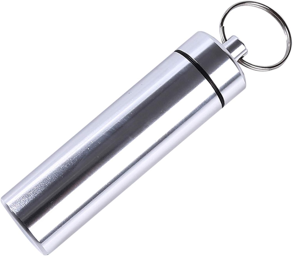 Cadena de bolas portátiles de plata pequeña, aleación de aluminio Mini píldora Organizador de caja Contenedor para el bolso, agua impermeable de la píldora del metal botella para el camping al aire libre Viaje fácil