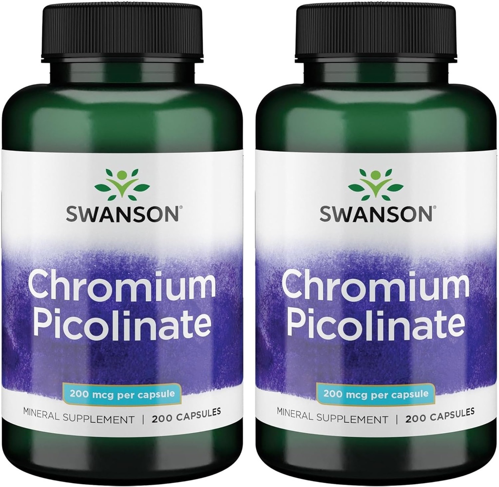 Picolinato de cromo de Swanson - Suplemento Natural Promoción del metabolismo y la gestión de peso - Apoyos Niveles de azúcar de sangre saludables ya dentro de la gama normal - (200 cápsulas, 200 mg cada uno) 2 Pack