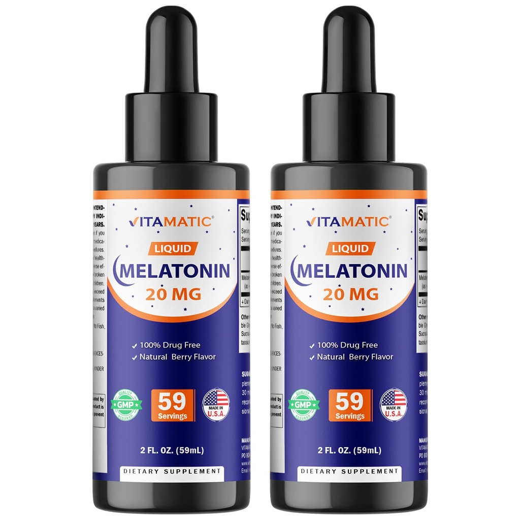 Vitamatic 2-Pack Melatonin 20mg Liquid Drops - 2 fl oz (59 ml) Cada - Natural Berry Flavor - Non-GMO, Suplemento Vegetariano para Adultos