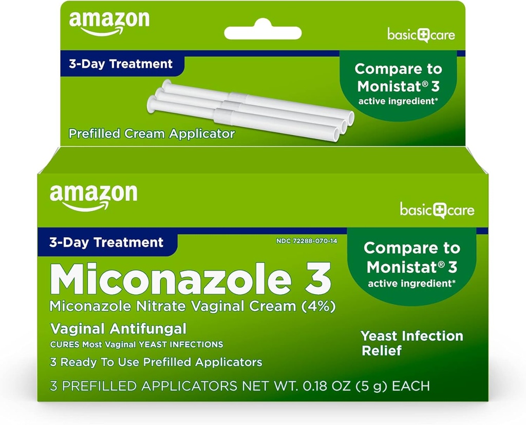 Cuidado básico Miconazol Crema Vaginal de Nitrato (4 Porcentaje), Tratamiento de Infección de Levadura de 3 días para Mujeres, 0.18 onza - 3 cuentan (Pack of 1)