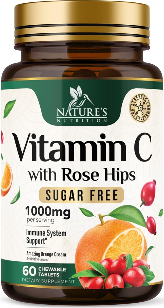 Vitamina C Chewable 1000mg - Extra Strength Antioxidants for Powerful Immune Support w/Vitamin C & Rose HIPS - Potent Dietary VIT C Chews Suplemento, Natural Orange Flavor, Vegan, Non-GMO - 60 Tablets