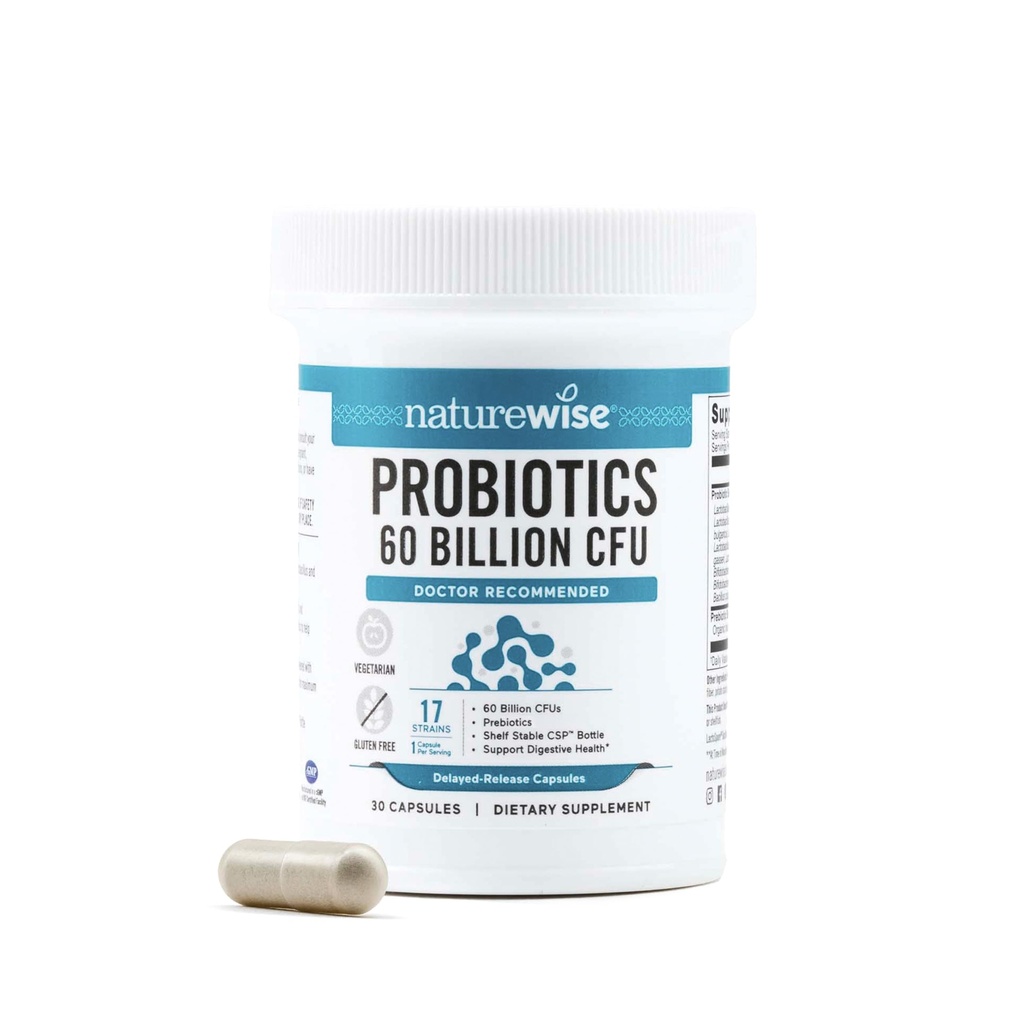 NatureWise Probiotics 60 Billion CFU - 17 Strains + Prebióticos Orgánicos - Immune, Digestivo " Gut Health Support for Women " Hombre - Vegetarian, Gluten-Free, Non-GMO - 30 Capsules[1-Month Supply]