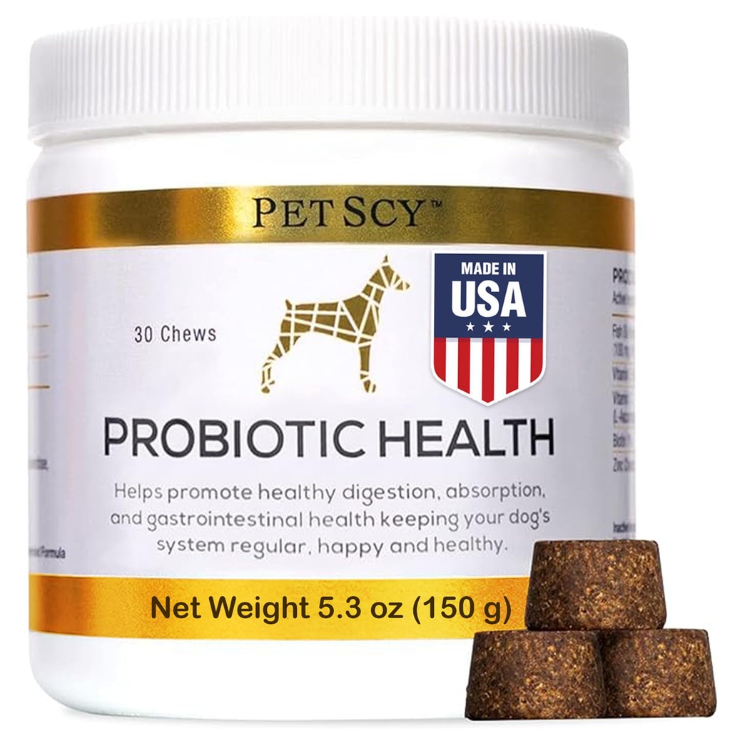 PetScy - Mandíbula probiótica para perros, Probiótico para perros de todas las edades, Tallas &amp; Ganchos con fibra prebiótica y Omega-3 puro  Mejora la piel, la carne y la salud de Gut, 30 Chews
