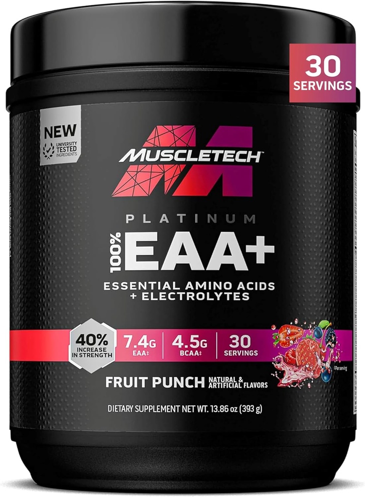 MuscleTech Platinum Essential Amino Amino Acids Suplemento con Electrolytes, Fruit Punch - Pre-Workout Powder for Energy, Muscle Growth & Strength Builder - EAA Complex for Men &amp; Women - 30 Servings