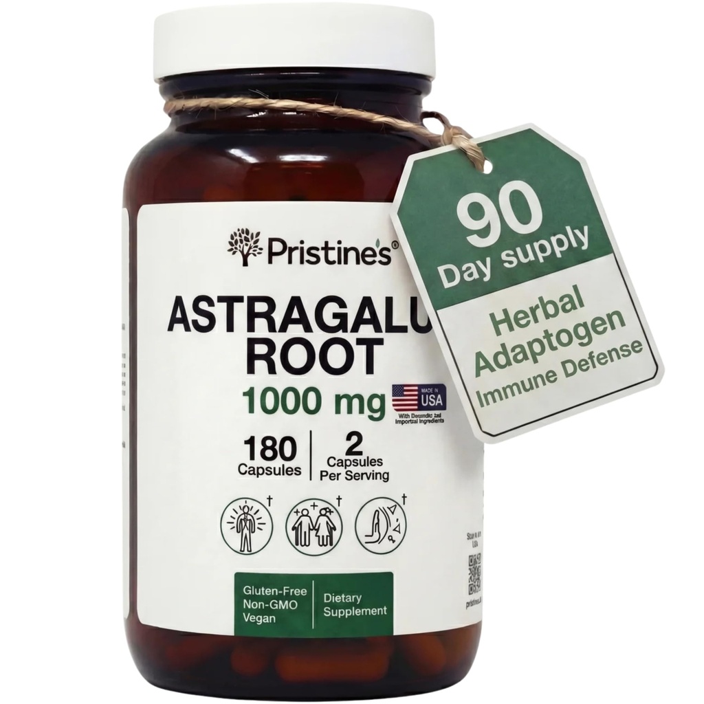 PriSTINE'S Astragalus Root Immune Support Supplement Capsules -1000mg 90 Day Supply Herbal Adaptogen - Healthy Aging, Heart &amp; Lung Health