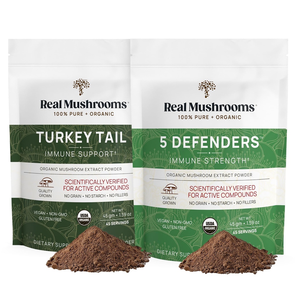 Real Mushrooms Turquía Tail (45g) y 5 defensores (45g) Mushroom Extract Powder Bundle - Mushroom Supplement for Immune Strength - Vegan, Non-GMO Immunity Supplement