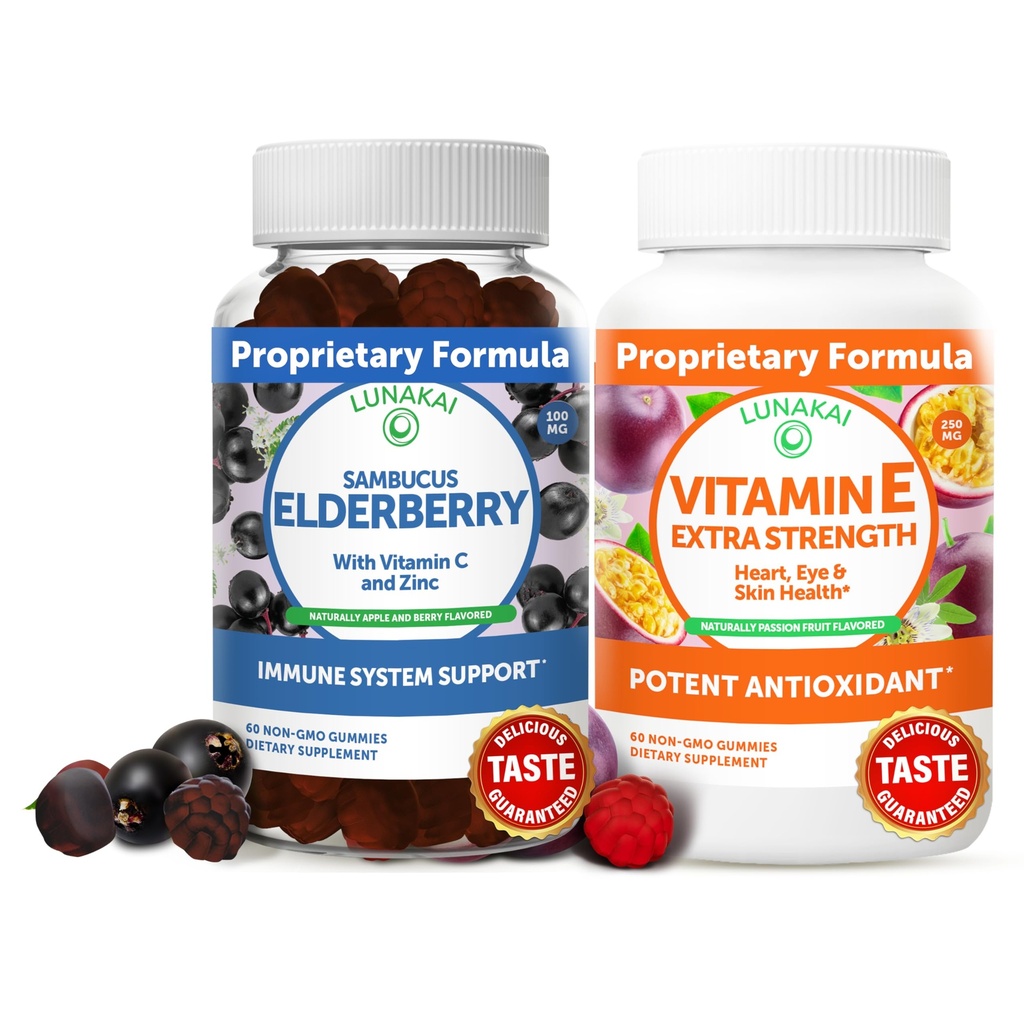 Lunakai Elderberry y vitamina E Gummies Bundle - Immune Support Suplemento con zinc y vitamina C Plus 1000iu Natural VIT E Gummy for Eye and Skin Health