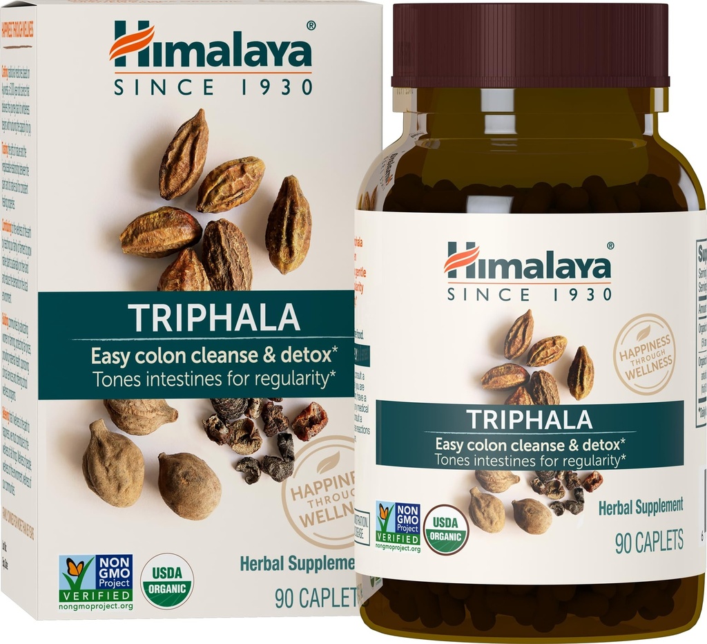 Himalaya Orgánica Triphala, 90 Day Supply - Suplemento Digestivo de Salud para la limpieza de colones " Occasional Bloating and Constipation Relief - USDA Organic, Vegan, Non-GMO, Gluten Free, 688 mg, 90 Caplets