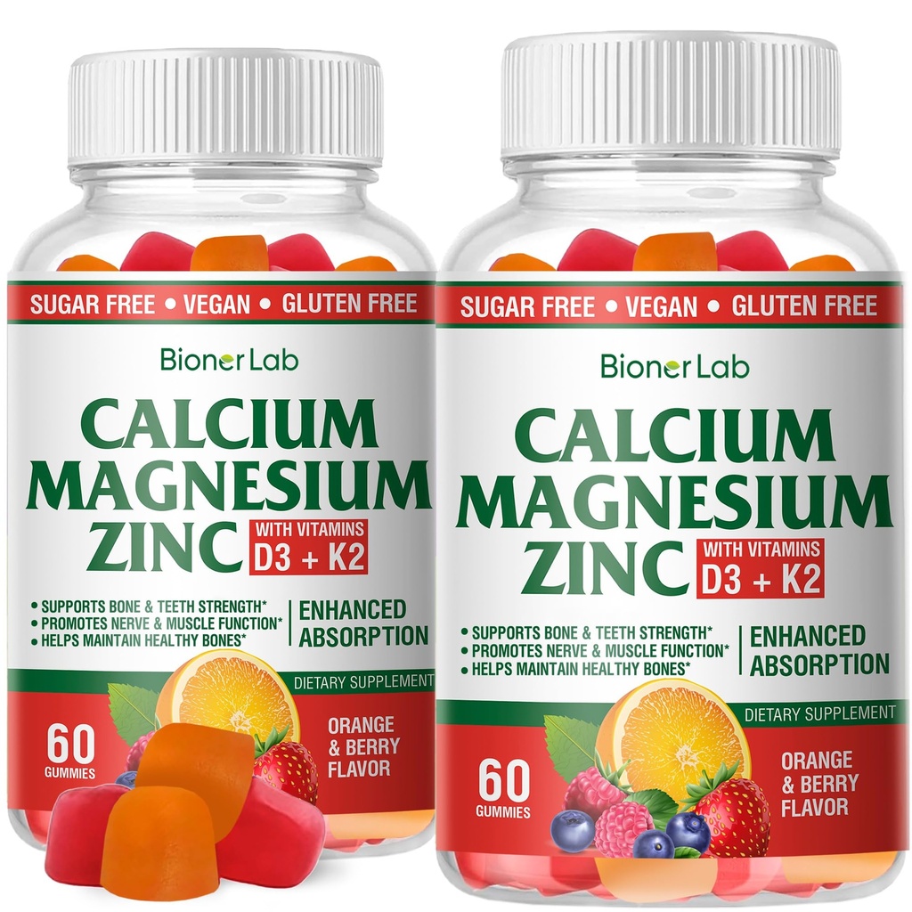 BionerLab Calcium Magnesium Zinc Gummies with Vitamin D3 & K2 - Absorción mejorada de alta potencia - Orange y Berry Flavored