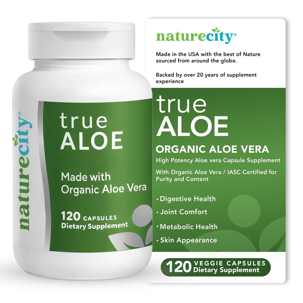 NatureCity True-Aloe Gut Health Support – 80,000mg Aloe Vera Gel Equivalent Por Serving – Organic Aloe Vera (120 capsules) para Digestive, Skin & Joint Support TEN Small Easy-to-Swallow Pills