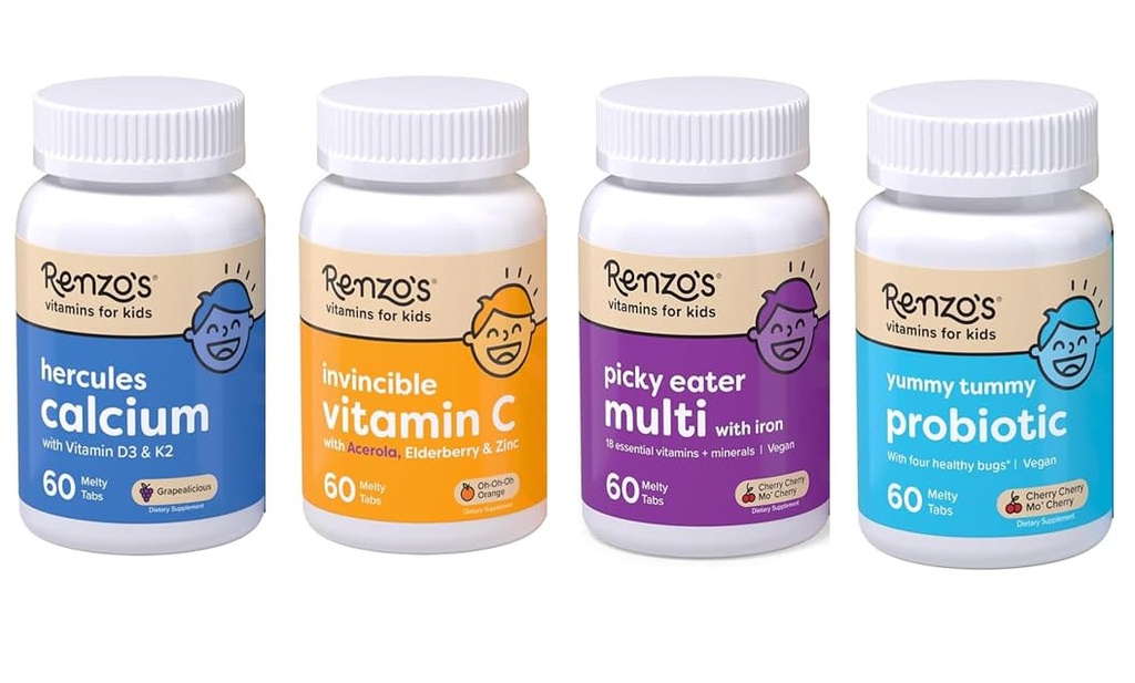 Renzo's Vitamins Kid Essential Bundle - Probiótico, Vitamina C con Elderberry & Zinc para Immune Support, Picky Eater Kids Multivitamin, y Hércules Calcium